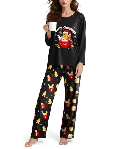 Image of 2 Piece Womens Pajama Sets Long Sleeve Sleepwear with Pants Soft Crewneck Loungewear Ladies Pj Set
