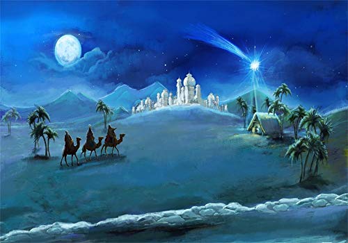 AOFOTO 10x7ft Christmas Background Holy Family and Three Kings Photography Backdrop Xmas Moon Night Fairy Tale Holiday New Year Photo Studio Props Kid Child Boy Girl Artistic Portrait Party Wallpaper