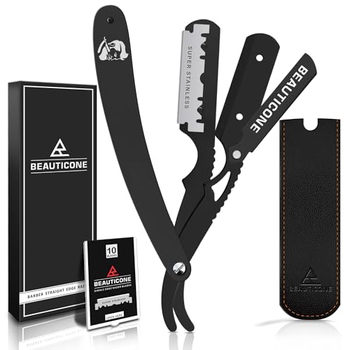 Image of BEAUTICONE Straight Razors for Men, Straight Edge Razor, Single Edge Replacement Blades, Stainless Steel, Barber Razor for Men's Shaving, Barber Shaving Knife (Premium All Black)