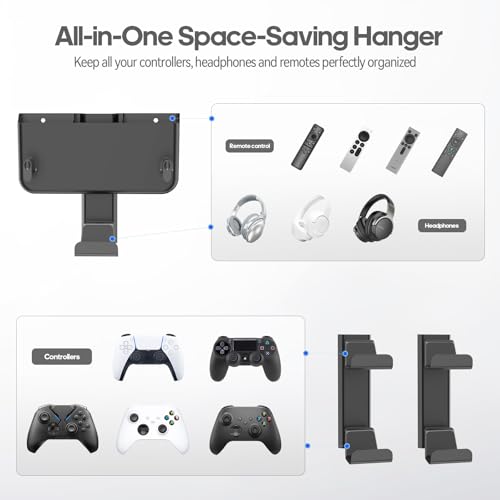 Image of Controller & Headset & Remote Holder Wall Mount with No Drill, 4 Packs Gaming 8 Controllers Hanger Hook Mount for PS5 /PS4 /XBOX /Switch, Headphone Stand & Remote Control Holer Wall Shelf with Adhesives