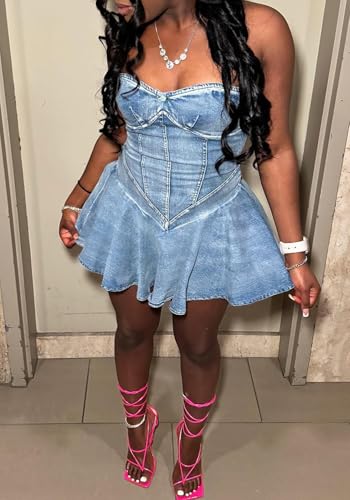 NRTHYE Women's Sexy Strapless Denim Dress Off Shoulder Corset Tube Summer Mini Jean Dresses4