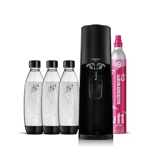 Sodastream - Terra Wassersprudler, Quick Connect Zylindersystem, mit 60L CO2-Zylinder, 3x BPA-freie 1L Flasche, spülmaschinengeeignet, Nachhaltig & reduziert Einwegplastikmüll, schwarz