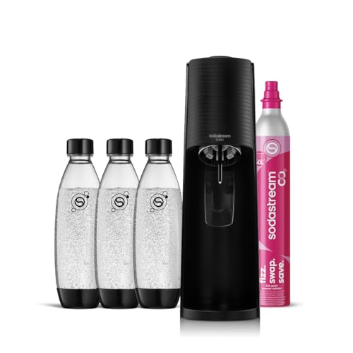 Sodastream - Terra Wassersprudler, Quick Connect Zylindersystem, mit 60L CO2-Zylinder, 3x BPA-freie 1L Flasche, spülmaschinengeeignet, Nachhaltig & reduziert Einwegplastikmüll, schwarz