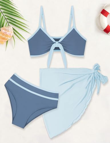Image of Girls Swimsuit Bikini Set and Cover Up Skirt 3PCS Bathing Suit Removable Knot Dual-Use Girls Swimsuits Size 7-16