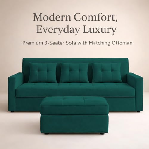 Image of Emilio 3 Seater with Ottomon Pull-Out Sofa Cum Bed (Pine Color) Premium Fabric Sofa Set for Living Room | Bedroom