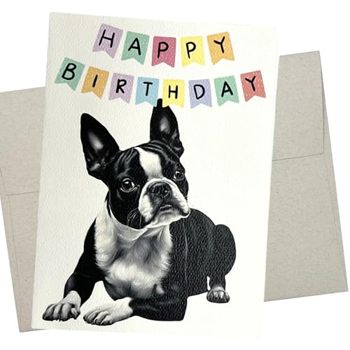 Boston Terrier Birthday Card, 5x7, Blank, Folded