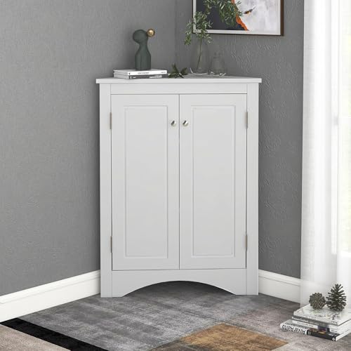 PRINKROOMY Corner Storage Cabinet with Adjustable Shelves, Triangle Bathroom & Kitchen Organizer, Freestanding Floor Cabinet for Toilet Kitchen Bathroom Cleaning Supplies (White)