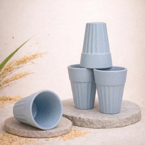 Image of HuskMade Eco-Friendly Tea Cup Set of 4 | Kulhad Style Coffee & Tea Mugs | 140 ml Unbreakable, Stain-Free, Heat Resistant, Reusable, Microwave Safe | Rice Husk & Bamboo Fibre Material | Light Blue