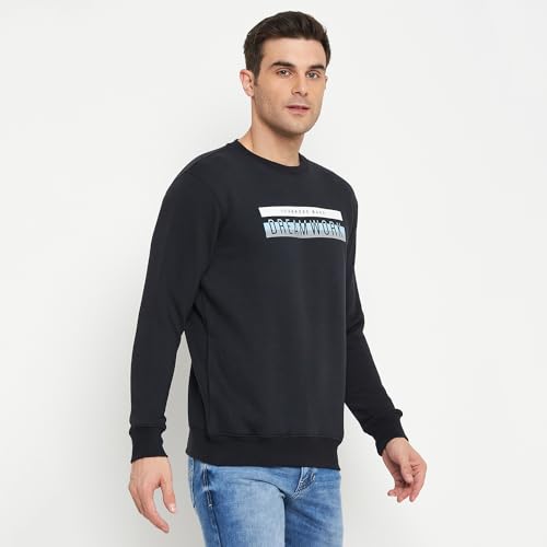 Image of Cantabil Printed Navy Blue Full Sleeves Round Neck Regular Fit Men Fleece Casual Sweatshirt | Casual Winter Sweatshirts for Men | Mens Sweatshirt for Winter Wear (P MSWS00101 Navy)