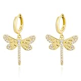 Pendientes de libélula de oro para mujer, chapados en oro de 14 quilates, elegantes aretes colgantes de circonita cúbica con libélula con textura de gota, aretes de aro para primavera y verano, regalo