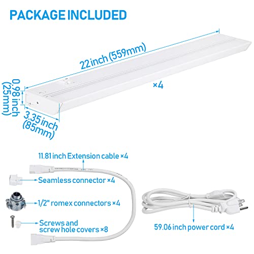Torchstar Rotatable Led Under Cabinet Lighting 3Cct, 22 Inch 14W Cri90, Hardwired & Plug-In, 90° Swivel & Dimmable & Linkable, 3000K/4000K/5000K, 120V 1050Lm, Etl, White Aluminum Housing, Pack Of 4 #TOP6