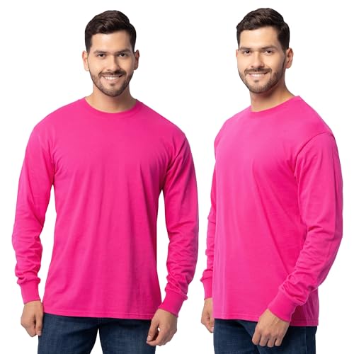 Fruit of the Loom Men's Eversoft Cotton T Shirts, Breathable & Moisture Wicking with Odor Control, Sizes S-4X, Long Sleeve-Cyber Pink