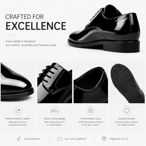 Image of Mens Tuxedo Dress Shoes Classic Formal Oxfords Faux Patent Leather Shoe Lace-up Dress Shoes for Business Wedding Suit Black