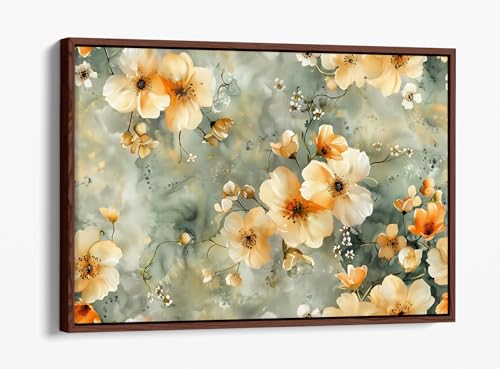 Impression sur toile fleurs jaunes cadre en noyer 76x50 cm pour salon