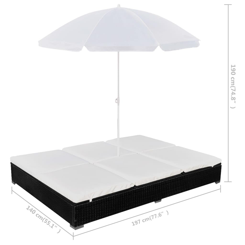 vidaXL Tumbona con Sombrilla Jardín Mueble Hamaca con Parasol Piscina Asiento Sofá Exterior Patio Terraza Ratán Sintético Negro Material Tipo Mimbre