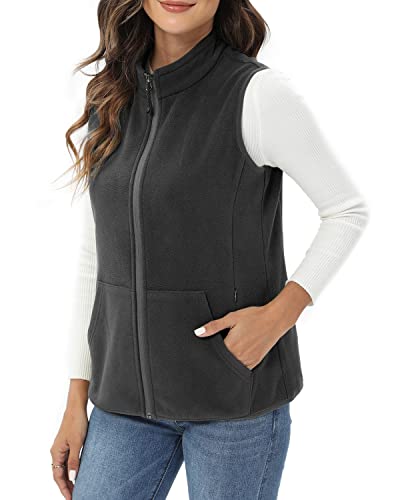 Xeoxarel Women's Soft Polar Fleece Vest, Lightweight Sleeveless Classic Fit Outerwear Zip-Up Pockets Casual Charcoal Grey M #TOP2
