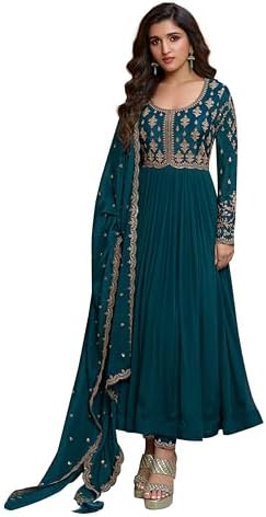TRENDMALLS Women's Silk Blend Embroidery Anarkali Kurta Pant Set with Dupatta (G334-Morpeach-XXL-)