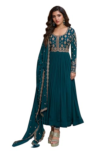 Image of TRENDMALLS Women's Silk Blend Embroidery Sequence Work Anarkali Kurta Pant Set with Dupatta For Women