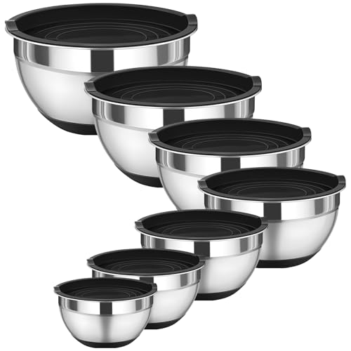 HEIYUET Lot de 7 Bols Mélangeurs Empilables en Acier Inoxydable avec Couvercles Noirs - Cul de Poule Inox - Saladier Inox avec Couvercle Hermétique - Bol Inox pour...
