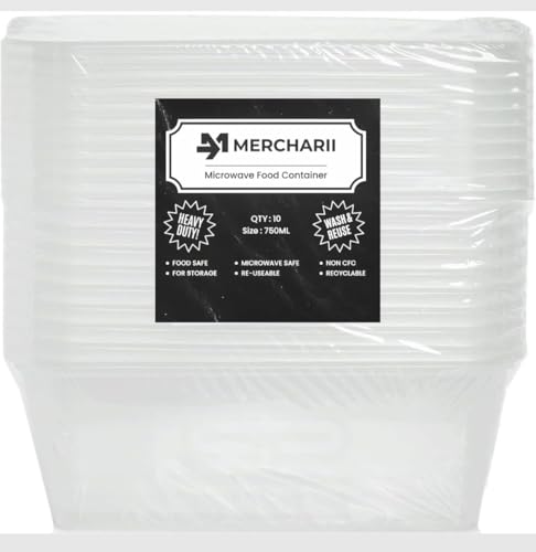 MERCHARII 10 × 750ml Plastic food containers with lids, Microwave, and freezer-safe, Heavy-duty, Rectangular, BPA-free, Reusable and Recyclable (750ml)