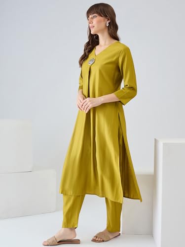Image of INDO ERA Women's Viscose Solid A-Line Calf Length Kurta & Pant Set (IESTR12352)