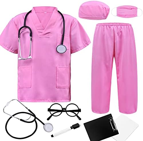 ZZIHAN Doctor Costume for Kids Pink Scrubs Sets Nurse Scrubs Costume Veterinarian Costume Doctor Accessories Toys Stethoscope Nursing Clipboards Toddlers Girls 3-4T Brithday Party Halloween Dress Up