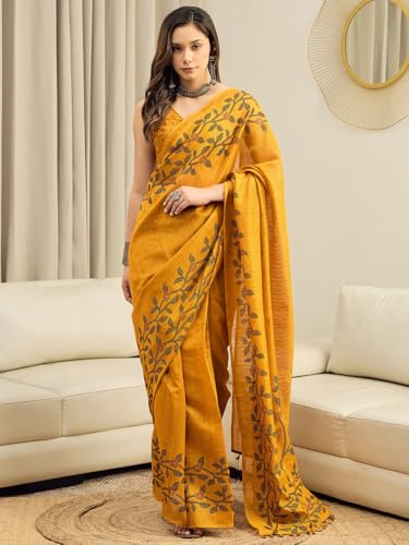 Image of AKHILAM Women's Cotton Printed Ready To Wear Saree With Unstitched Blouse Piece