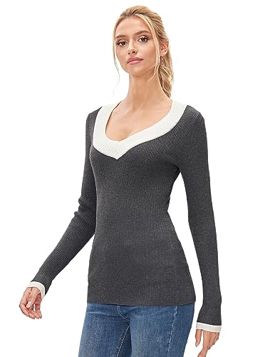 AmélieBoutik Women Casual Color Trim V Neck Long Sleeve Ribbed Sweater Tops2