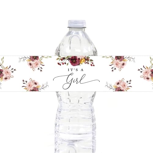 Andaz Press Fall Burgundy Marsala Baby Shower Party Collection, Water Bottle Label Stickers, It's a Girl!, Marsala Floral Graphic Design, 20-Pack