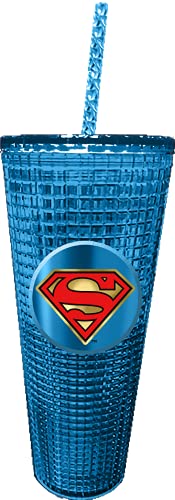 Image of Spoontiques DC Comics Diamond Tumbler, 20oz - Textured Cup w /Staw, Double Wall Insulated, BPA Free - Superman