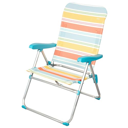AKTIVE Silla de playa plegable, 47x63x93 cm, Reclinable 5 posiciones, De aluminio y textileno, Rayas multicolor, Antivuelco, Ligera y portátil, Asas de mano, Fácil transporte, Modelo Santorini (62422)