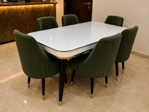 Image of WOODEN SPACE 6-Seater Wooden Dining Table Set | Nano Composite Marble Top | Solid Wood Base | Modern Dining Room Furniture with 6 Chairs (Dark Green Infinity Backline)