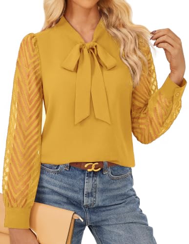 GRACE KARIN Women Bow Tie Neck Tops 2026 Fall Lace Long Sleeve Blouse Business Dressy Casual Shirt Work Office Formal Yellow X-Large