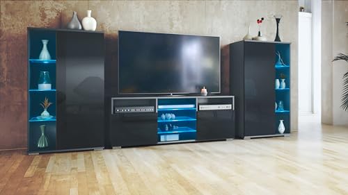 Vladon Wohnwand Davos, Anbauwand bestehend aus 2 Vitrinen und 1 TV-Board, Anthrazit matt/Schwarz Hochglanz inkl. LED-Beleuchtung (329 x 134 x 35 cm) – Bild 3