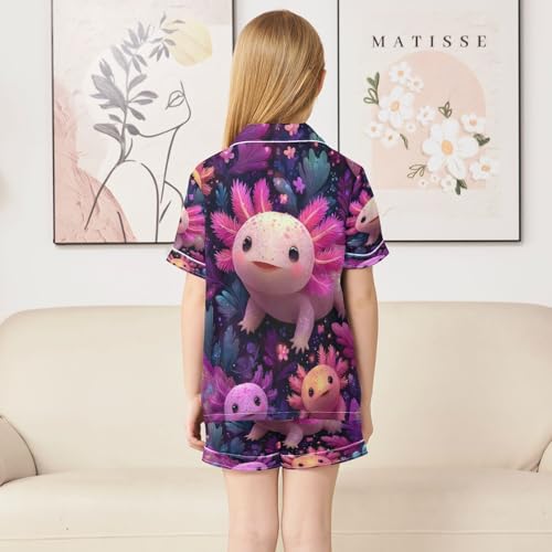 Satin Pajama Sets Short Sleeve Beautiful Colorful Axolotls Button Down Silky Nightwear 2 Piece PJS 5-14Y4