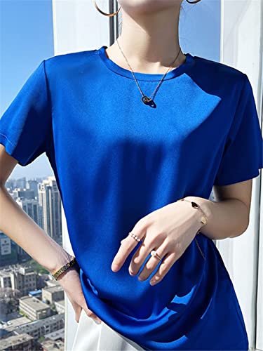 FULBHPRINT Zomer Vrouw O Hals Korte Mouwen Tees Satijn Blauw Champagne Effen Kleur Losse T Shirt Zijde Tops - Afbeelding 3