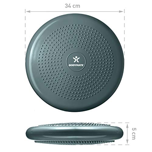 BODYMATE Ballsitzkissen inkl. Pumpe GRAU-BLAU 34cm Durchmesser - Balance-Kissen, Luftkissen, Balance Pad, Noppenkissen - Core-, Fitness-, Reha-, Koordinations- und Rückentraining