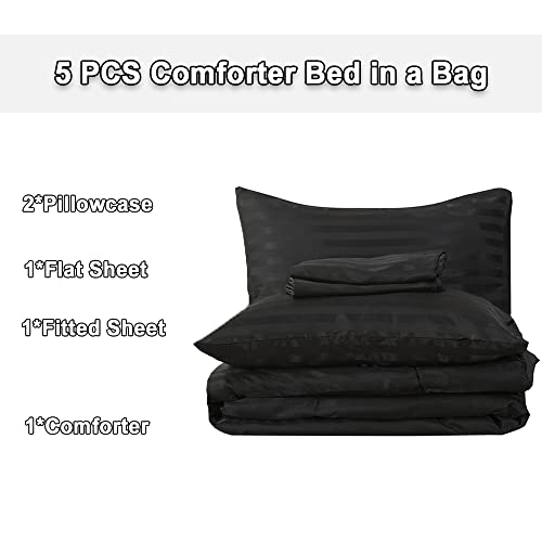 Sisher 5Pcs King Comforter, Stripe Silk Bedding Sets For Man Woman, Luxury Rich Black Bed In A Bag King (1 Comforter, 2 Pillowcases, 1 Flat Sheet, 1 Fitted Sheet) #TOP2