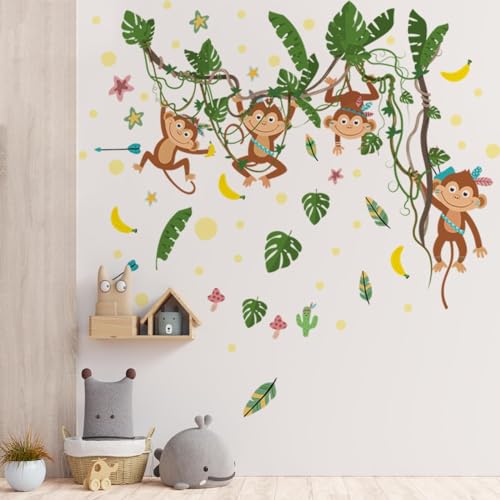 clothmile Watercolor Monkeys Wall Decals Jungle Animal Monkeys Wall Stickers Removable Jungle Safari Animal Wall Sticker Decor for Baby Nursery Playroom Bedroom Classroom Kindergarten Wall Decor