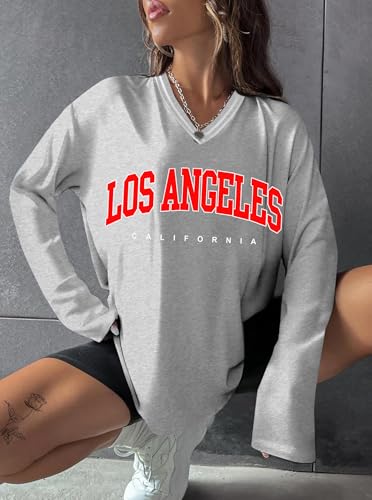 Hilinker Women's Oversized Graphic Tee V Neck Tops Casual Loose Long Sleeve T Shirt4