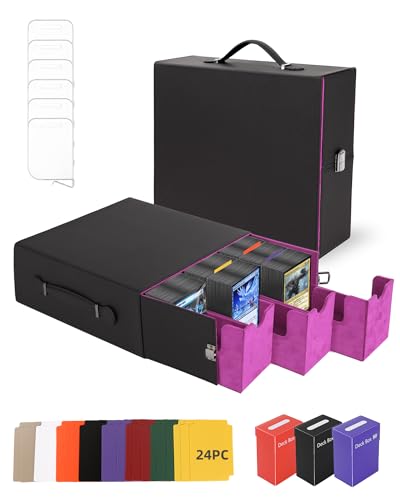 Heypappy Trading Card Storage Box 2400+ Capacity, Includes 3 PP Cases & Handle, 24 Colorful Dividers & 6 Card Supporters, Durable PU Leather Card Box for Most Standard-sized Trading Cards