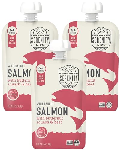 Image of Serenity Kids 6+ Months Baby Food Pouches Puree Made With Ethically Sourced Meats & Organic Veggies | 3.5 Ounce BPA-Free Pouch | Wild Caught Salmon, Butternut Squash, Beet | 1 Count (Pack of 3)