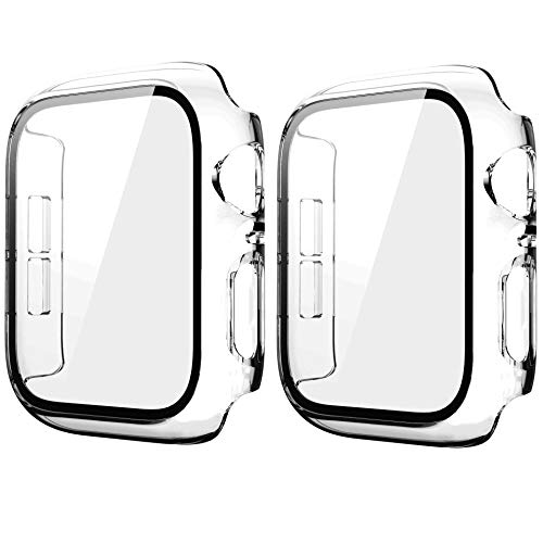 HANKN 2 Pack Hard Case for Apple Watch Series 3 2 1 42mm Tempered Glass Screen Protector Case, Full Coverage Thin Shockproof Iwatch Cover Bumper (Clear+Clear, Series3/2/1 42mm)