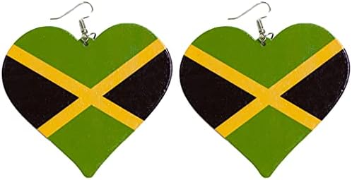 Large Wooden Jamaica Heart-Shaped Flag Dangle Earrings for Women