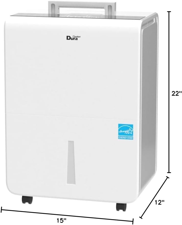 Dimensional drawing of DuraComfort DH50PWM dehumidifier showing height 22 inches, width 12 inches, and depth 15 inches