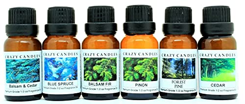 Crazy Candles 6 Bottles Set (Made in USA) 1 Balsam & Cedar, 1 Balsam Fir, 1 Blue Spruce, 1 Forest Pine, 1 Pinon, 1 Cedar 1/2 Fl Oz Each (15ml) Premium Grade Scented Fragrance Oils