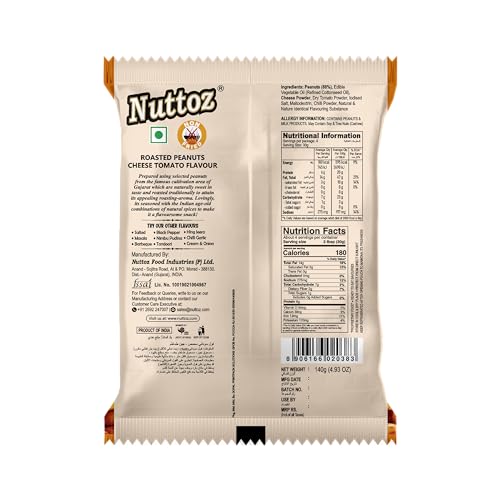 Image of Nuttoz Roasted Peanut Cheese Tomato - Pack of 2 (140gm each) | Jumbo Roasted Moongfali | Non Fried Ready to Eat Healthy Snack | Crunchy Snack and Namkeen