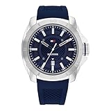 Tommy Hilfiger メンズウォッチ - 3H クォーツウォッチ - 耐久性のあるシリコン腕時計 メンズ - 5気圧/50メートルまでの防水 - プレミアムファッション時計 - 彼のための大胆なステートメントデザイン - 49mm, ブルー, ストラップ