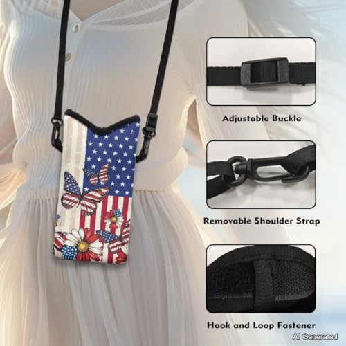 Image of Women Crossbody Cell Phone Bag Purse for 4th of July Patriotic Phone Bag Purse with Shoulder Strap Bag Pouch Fits Most Smartphones for Travel, Beach, Butterfly American Flag Daisy