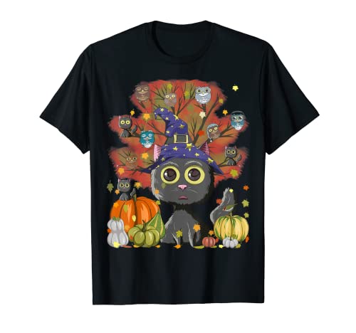 Amantes de la calabaza y del café del gato de la bruja Hojas de Acción de Gracias Camiseta